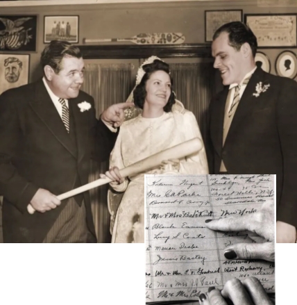 Black and white photo of a couple getting married next to a black and white photo of a wedding guestbook