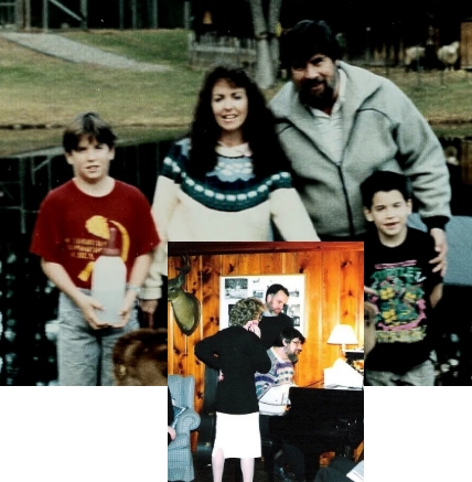 Collage of photos of a family outside of a pond and in the Cranmore Mountain Lodge