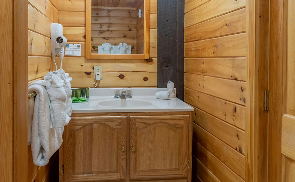 Close up of bathroom sink and mirror with light brown wood walls